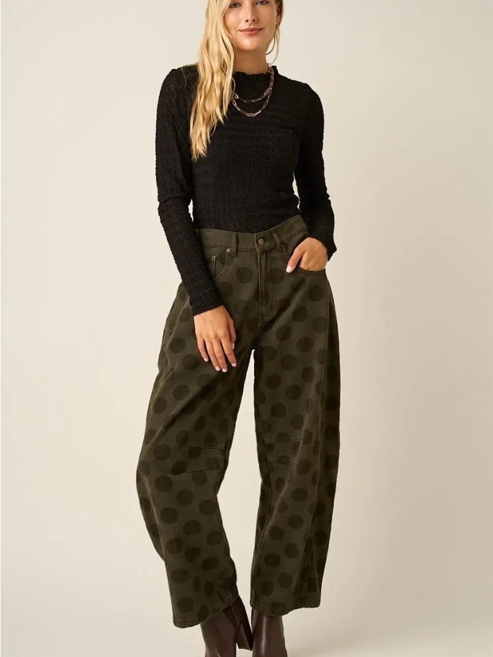 037. Olive Polka Dot High Rise Barrel Leg Jeans, various sizes